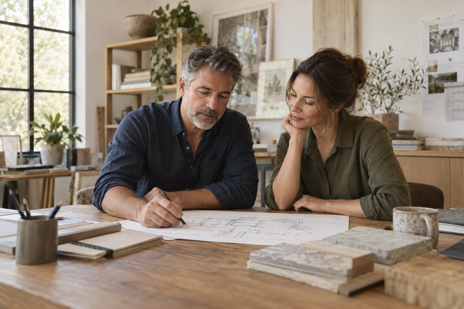Business owners discussing plans in a design studio